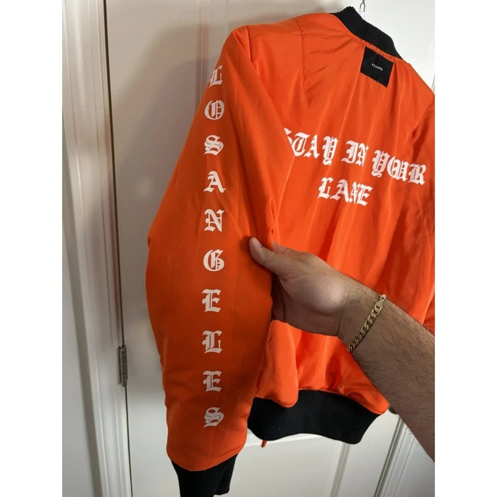 Stampd Men's Black/Orange Graphic Reversible Bomber Jacket $525